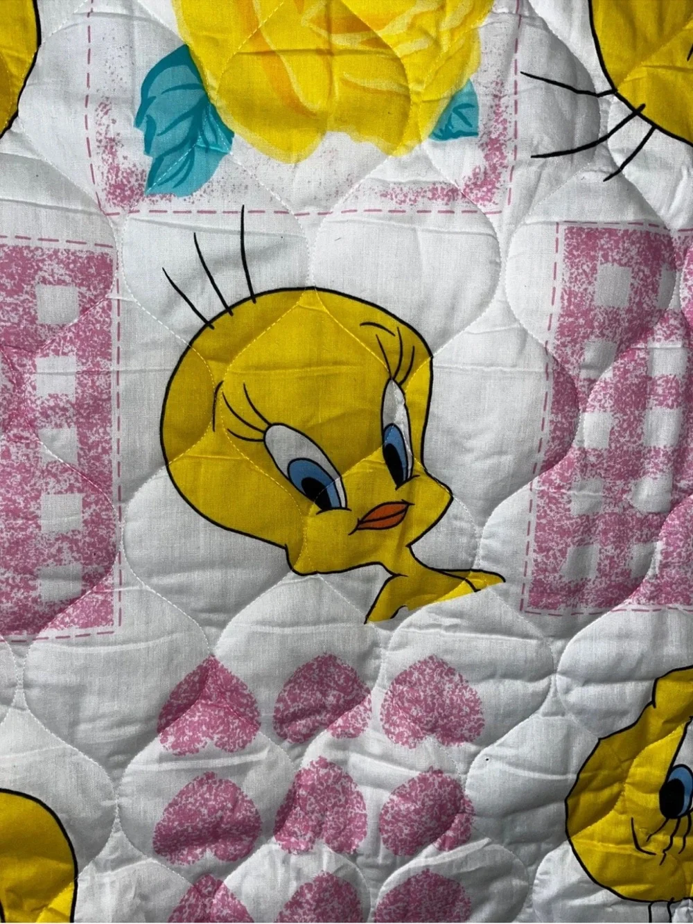 Vintage 90s Tweety Bird Head New Looney Tunes Quilt Baby Blanket Pink Hearts New